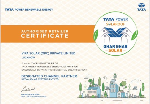 Tata Power Renewable Energy authorised retailer certificate for Vipa Solar