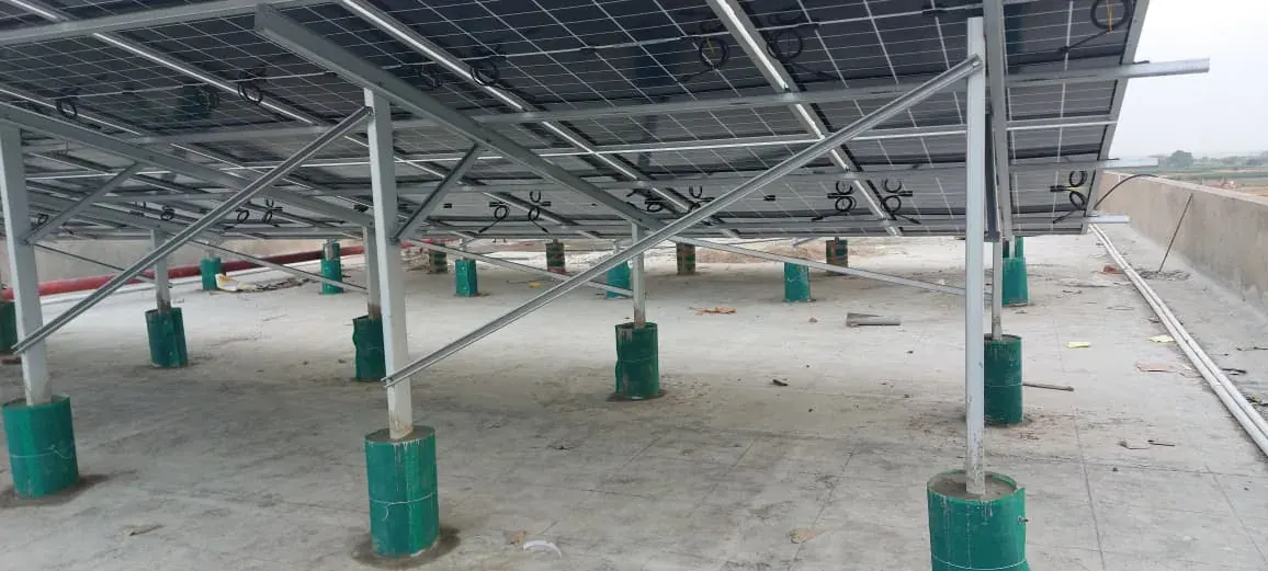 Galvanised pedestals and bracing beneath the array