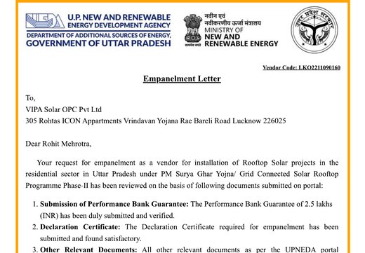 UPNEDA empanelment letter, vendor code LKO2211090160