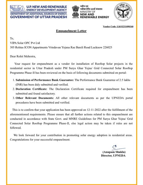 UPNEDA empanelment letter for Vipa Solar